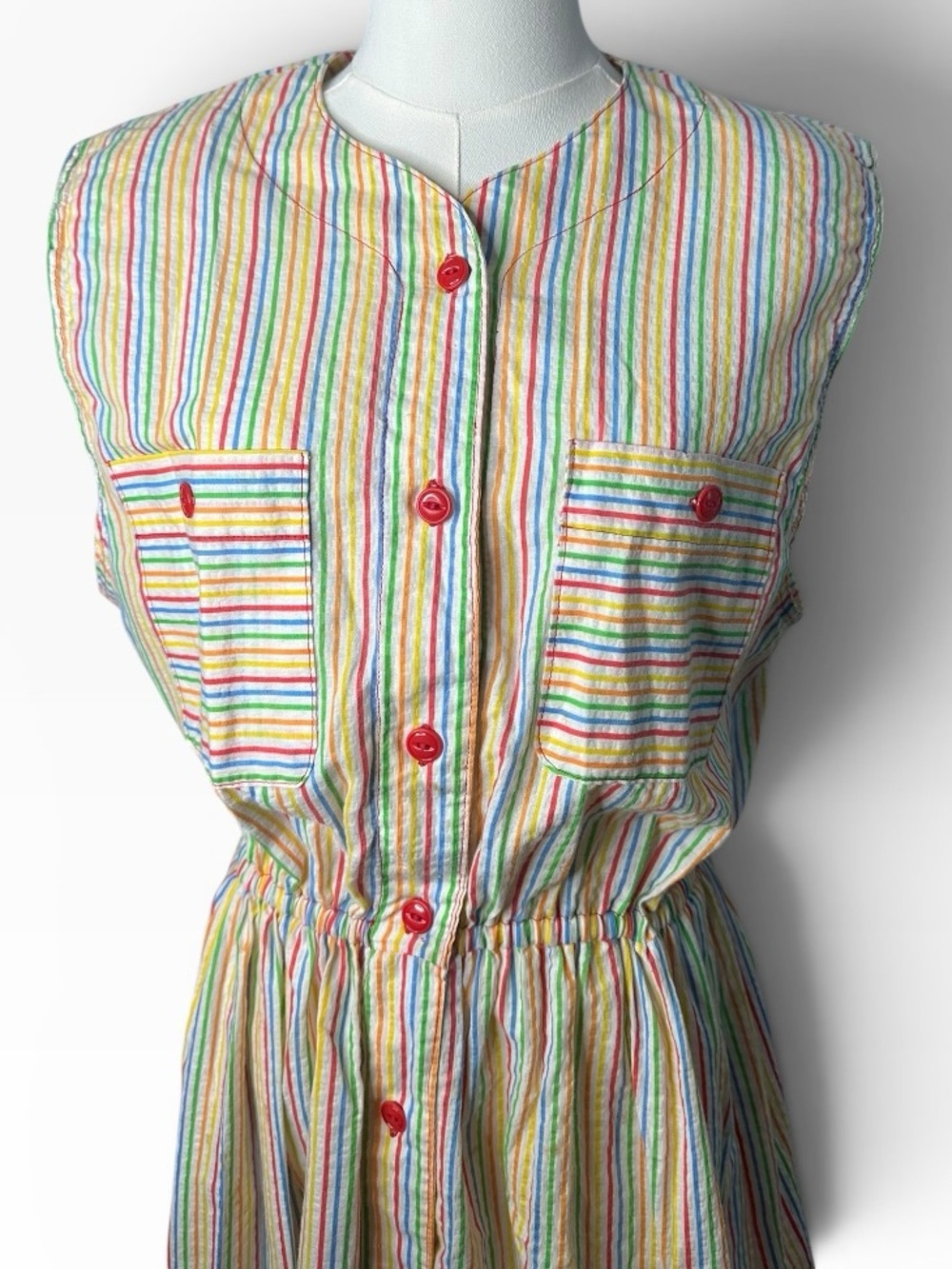 Vintage 1980s Handmade Rainbow Stripe Button Front Dress - Picture 3 of 10